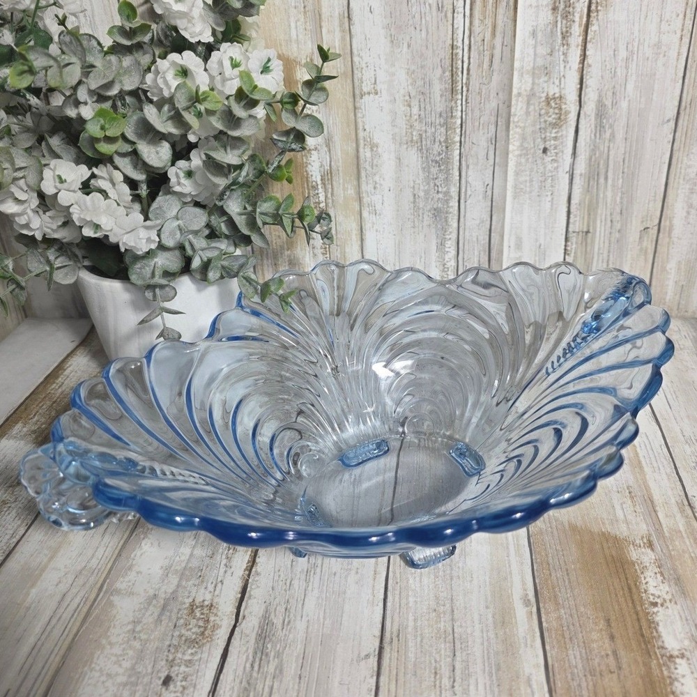 Vintage Blue Glass Scalloped Shell Centerpiece Bowl Footed Console Art Glass 12i